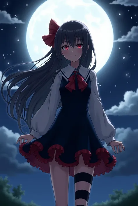 masterpiece, Highest quality, detailed, One girl, alone, night sky, Outdoor, full moon, performer, cloud, night,,  Dark Sakura, (Black Dress), Long Hair, Wicked Smile, Red ribbon, Striped, Thighs