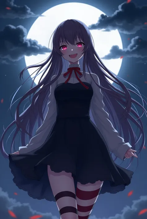 masterpiece, Highest quality, detailed, One girl, alone, night sky, Outdoor, full moon, performer, cloud, night,,  Dark Sakura, (Black Dress), Long Hair, Wicked Smile, Red ribbon, Striped, Thighs