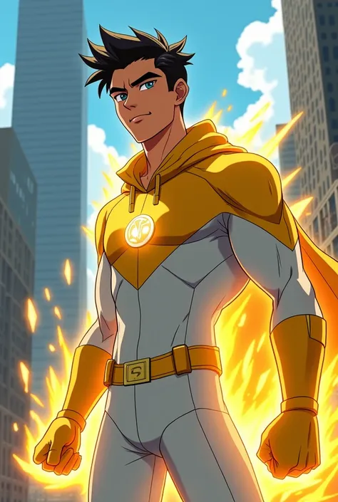 Young man capable of controlling and releasing synthetic energy with a modern yellow and white outfit Generates the image in 2D animation similar to What If or Invincible