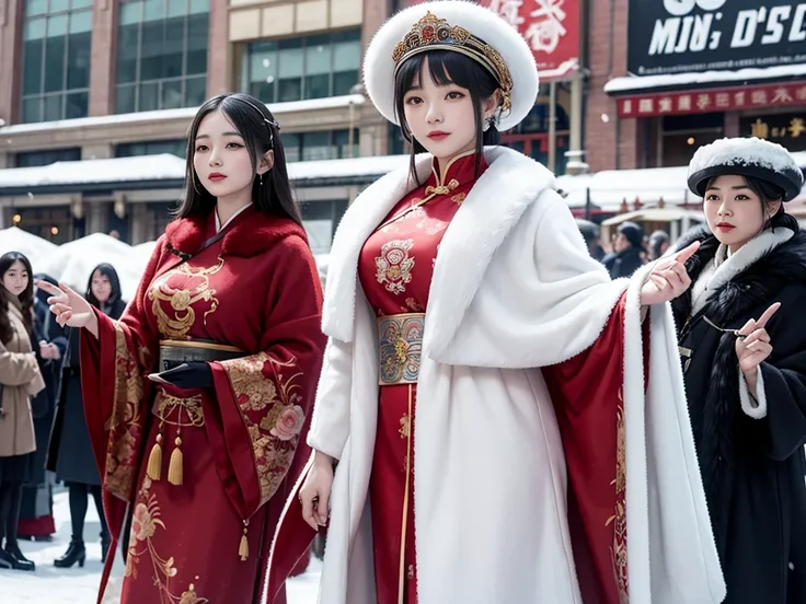 Chinese women in the 1920s、Chinese woman in dress、(((Manchuria)))、snow、fur cape、Watching the audience、(((department store)))、Fur coat。