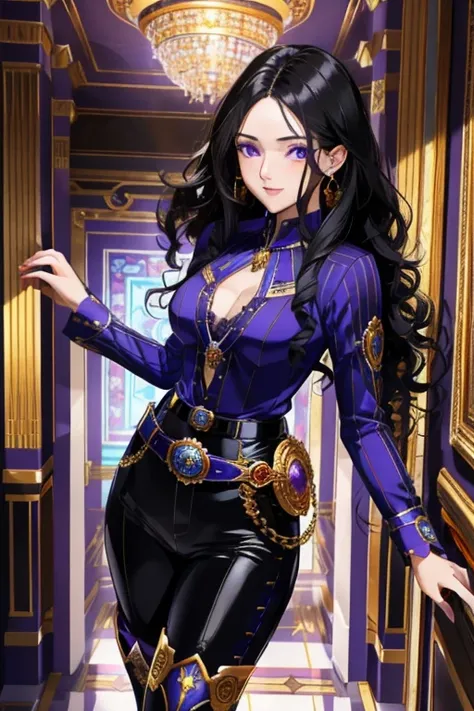 solo,woman,human female, 1girl,((black hair, long hair, curly hair)), (fair skin), young adult, slender body, Purple eyes, blue pupils, detailed hair, detailed face, detailed eyes, detailed sweater, grey sweater, sheathed, rapier, tight shirt, long sleeve ...