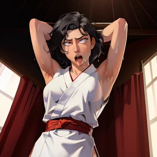 ((((masterpiece, best quality, high resolution)))), Extremely detailed 8K, 1 female, wearing a white Karate gi, (ahegao),white eyes, Small breasts, sash, japanese clothes,  No underwear,No eyeballs, Facing the audience, looking at the audience, tired, from...