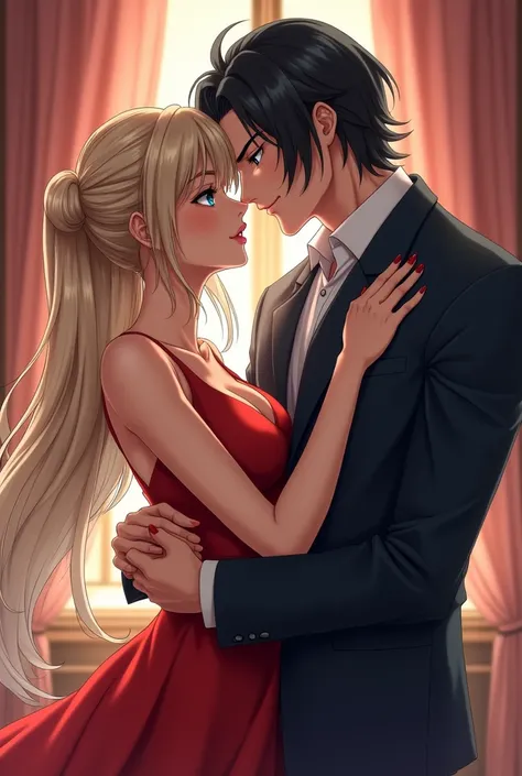 an anime couple of lovers, a tall, athletic young man with dark hair, long hair, dark blue eyes, white skin and a woman with white skin, blonde hair, long buns in buns and blue eyes with a striking eyebrow and make her wear a red dress and he wears a suit ...