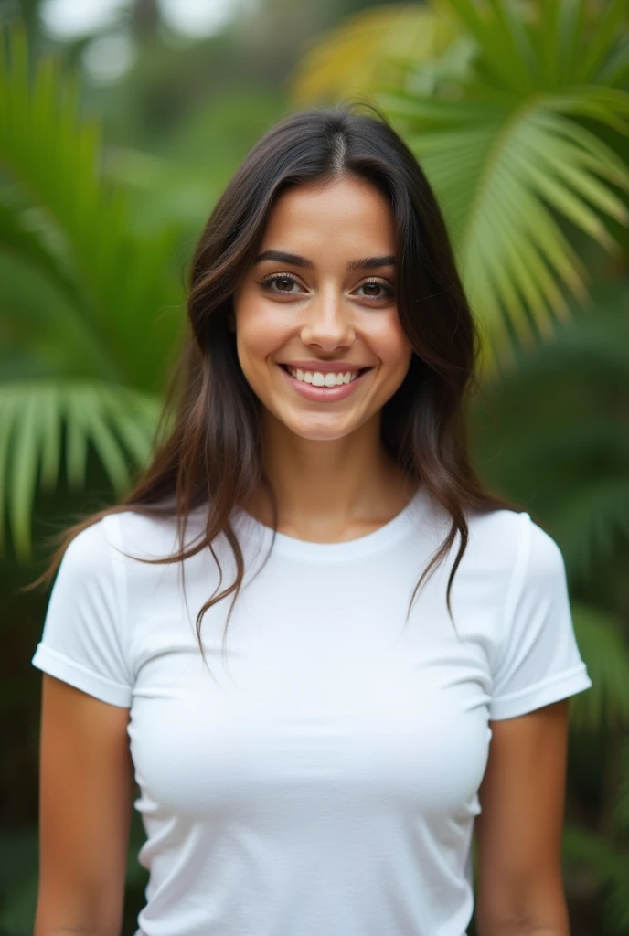 A 22-year-old Brazilian woman, facing the front, in a lush tropical garden, wearing a simple white crew-neck t-shirt, with a close-up capturing the harmonious beauty between her breasts, showing off your natural charm and outgoing personality.