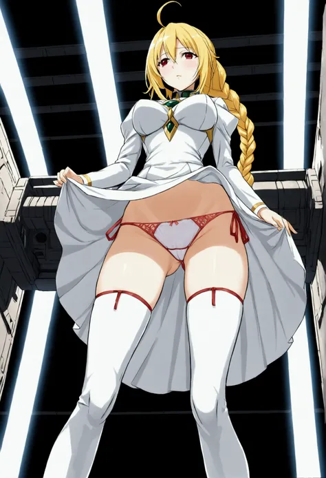 a beautiful detailed portrait of Kudelia Aina Bernstein from Gundam IBO, (Kudelia Aina Bernstein), (Whole body view:1.3), thigh length yellow hair in a single 5 strand braid, 1/4 contrapposto pose, viewing from slightly below, aroused facial expression, we...