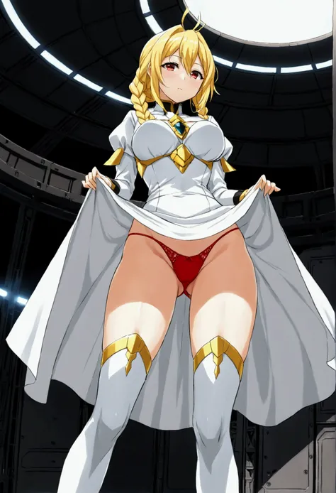 a beautiful detailed portrait of Kudelia Aina Bernstein from Gundam IBO, (Kudelia Aina Bernstein), (Whole body view:1.3), thigh length yellow hair in a single 5 strand braid, 1/4 contrapposto pose, viewing from slightly below, aroused facial expression, we...