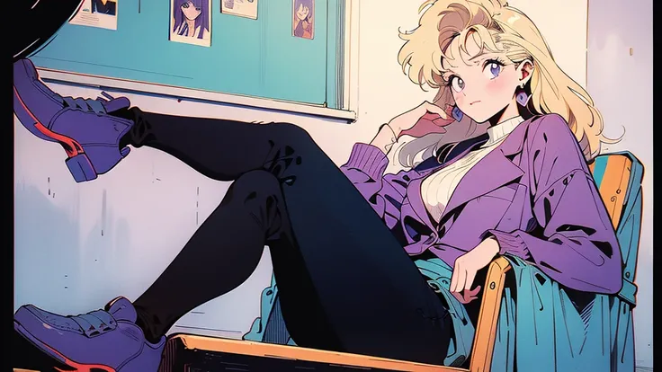 (Highest quality:0.8)、(Highest quality:0.8)、Very detailed、Analog illustration、)、masterpiece、Highest quality、Full body portrait of a woman、1990、Comic Strip、Art Illustration、blonde、Purple Suit、Diamond Earrings、Sit on a chair