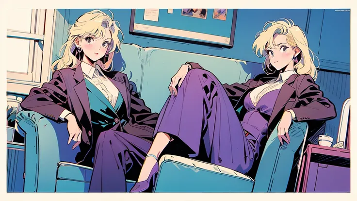 (Highest quality:0.8)、(Highest quality:0.8)、Very detailed、Analog illustration、)、masterpiece、Highest quality、Full body portrait of a woman、1990、Comic Strip、Art Illustration、blonde、Purple Suit、Diamond Earrings、Sit on a chair