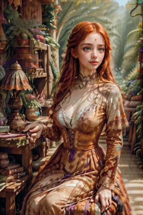 Big elf beauty breasts at night with open clothes with hands tied behind,Create a magician based on the video game "The Witcher" . She is said to have flame red hair and green eyes.,Beautiful, 25 year old European woman, goddess, (red hair), long hair, cur...