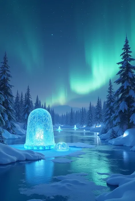 snowy landscape with a frozen lake, ice sculptures, bioluminescent sleds, night sky with northern lights