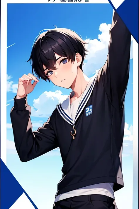 1 boy, black hair, black eye, sailor uniform, korean, Short hair, handsome boy, Cool boy, 8k, masterpiece, High Quality, sailor uniform, blue, Pocari Sweat commercial, Refreshing, clear, Photo Card, sky blue background