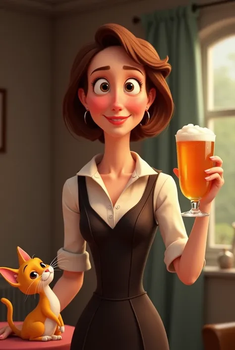 disney pixar cartoon a 60 year old woman with short brown hair wearing a formal dress with a glass of beer on her right hand and a kitten in her left hand