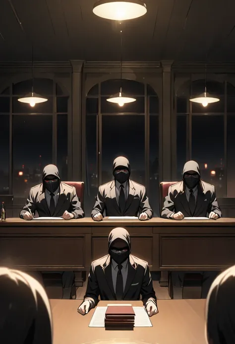 Sitting at the government table, five terrorists, black balaclava, black tuxedo, night, dark room, red eyes, shadow 