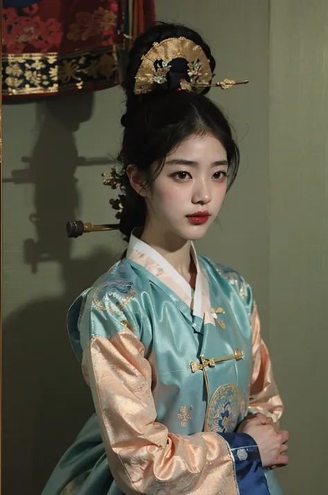 one person 16th century korean woman, hanbok, traditional korean clothing, portrait, upper body, sexy beauty, seductive, mature,...