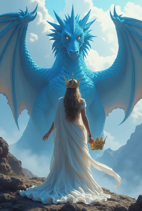 Goddess Hera with her back turned, holding a crown in her hands, facing a blue dragon on Mount Olympus.