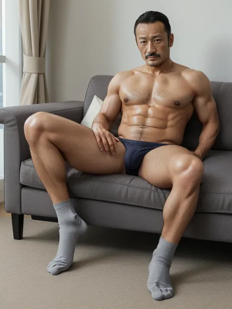 40 years old，Hidetoshi Nakata，（Kogoro Mori 1.3），whole body，Lean，muscle，office，grey socks，Suit，Feet raised，sofa，Baldhead ，transparent，Thick body hair，underwear，Topless，Densely hairy，Fortitude，HD，With a mustache