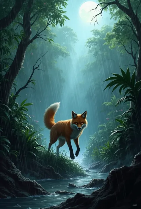 A fierce storm hitting the jungle with strong winds and heavy rain. The fox is shown struggling and getting trapped in a deep pit.
