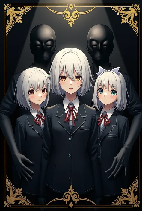 Make me a cover around it with a gold design, black background, "with black humanoid shadows around several", three girls in the middle, teenagers in school uniform, all three with white hair, different hairstyles, A girl with a bow , mysterious atmosphere...