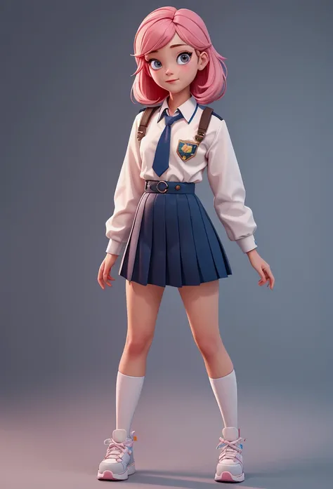 3D cartoon image of a girl wearing a school uniform, short hair