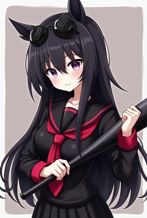 black long straight hair, bangs black red sailor school dress, fantasy, violet eye, semi anime, black goggle on head, baseball bat, fiest, badass, hawk eyes