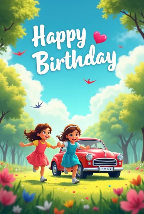 Happy birthday car with 2 girl kids with frock holding hands  and running  in park with flowers , birds in sky, love shape clouds  happy birthday text in sky