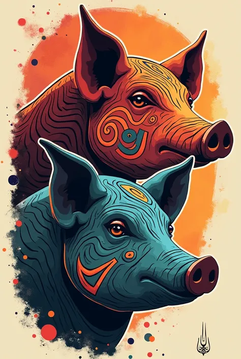 Create three tribal style pig face images in 3 colors
