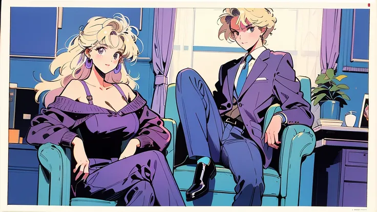 (Highest quality:0.8)、(Highest quality:0.8)、Very detailed、Analog illustration、)、masterpiece、Highest quality、Full body portrait of a woman、1990、Comic Strip、Art Illustration、blonde、Purple Suit、Diamond Earrings、Sit on a chair