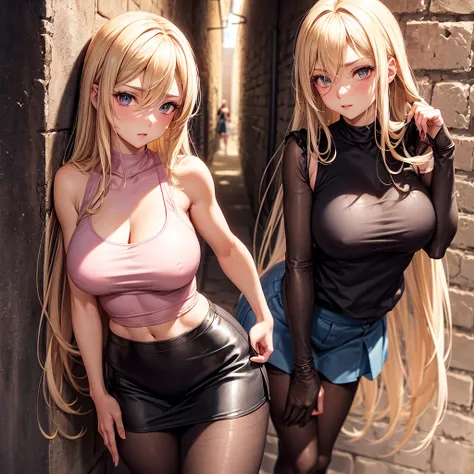 Early 30s, long blonde hair, large heavy breasts, slender toned build, pink tank top (braless), short leather skirt, pantyhose, leaning against a wall in a dungeon, legs parted, eye contact, cowboy shot, close up