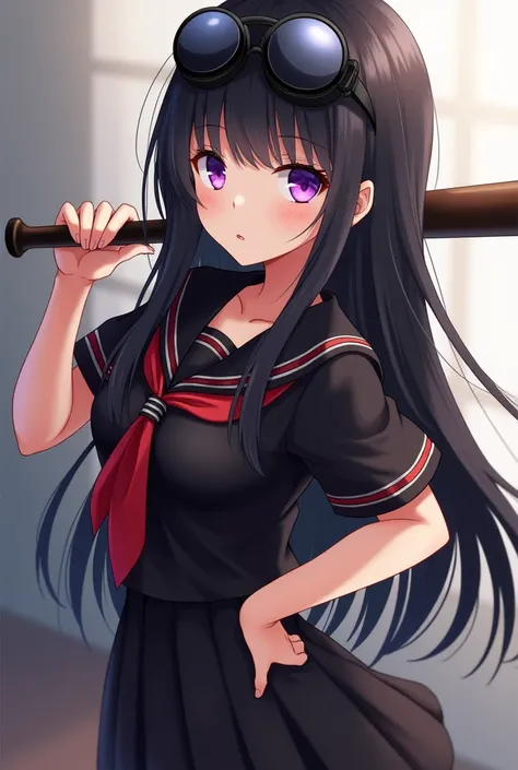 black long straight hair, bangs black red sailor school dress, fantasy, violet eye, semi anime, black goggle on head, baseball bat, fiest, badass, hawk eyes