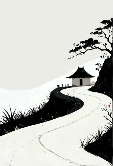 sky占比2/3.chinese ink painting sketch：peaceful and freehand，artistic conception:2.dot，a thatched cottage on a winding path，minima...