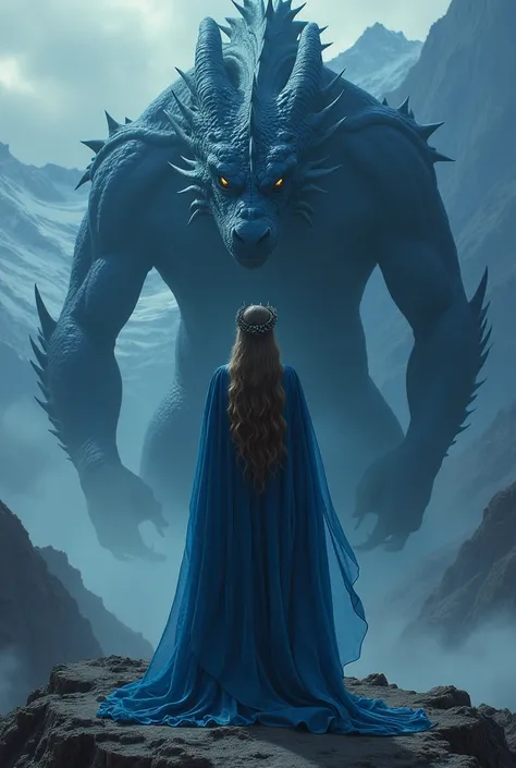 Goddess Hera with her back turned in front of a dark blue dragon on Mount Olympus.