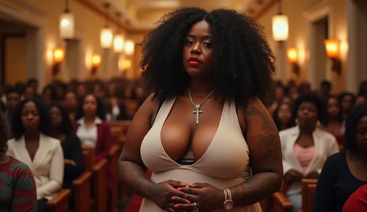 ((black African woman:1.4)) ((in a church:1.4)),((there is an audience and crowd in the church:1.4)), large breasts size, large breasts, with large breasts, uncovered nsfw huge breasts, nsfw huge breasts, big breasts, big breasts!, ((she is wearing a trans...