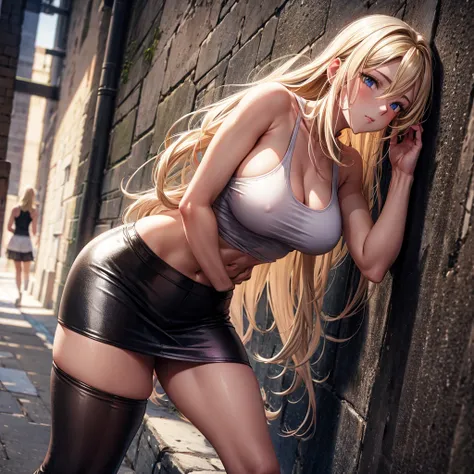 Early 30s, long blonde hair, large heavy breasts, slender toned build, pink tank top (braless), short leather skirt, pantyhose, leaning against a wall in a dungeon, legs parted, eye contact, cowboy shot, close up