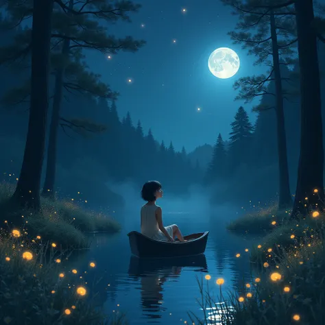 A beautiful girl was watching stars in the dark bluish sky filled with moonlight. It was a dark forest with tall trees and flowers garden. She was on the boat in the lake. The light insect was shining beautiful