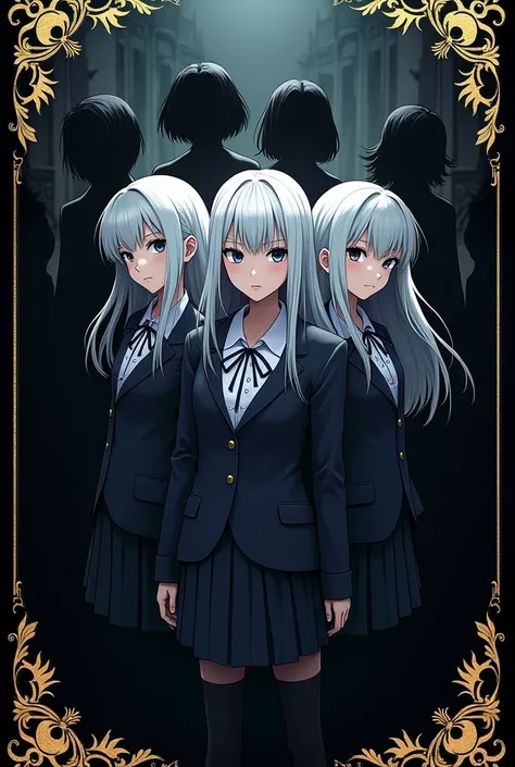 Make me a cover around it with a gold design, black background, "with several black humanoid shadows around", three girls in the middle, teenagers in school uniform, all three with white hair, different hairstyles, A girl with a bow , mysterious atmosphere...