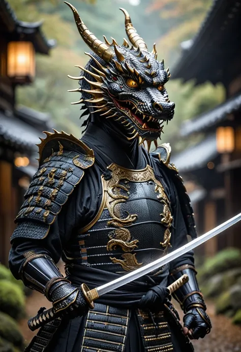 Une photo daction, une photo numérique réaliste, Un dragon samouraï personnifié en colère sort un katana magique brillant dune épée, noir avec une armure en bois noir, perles de samouraï, masque de samouraï démon en or, se tenant dans un ancien village jap...