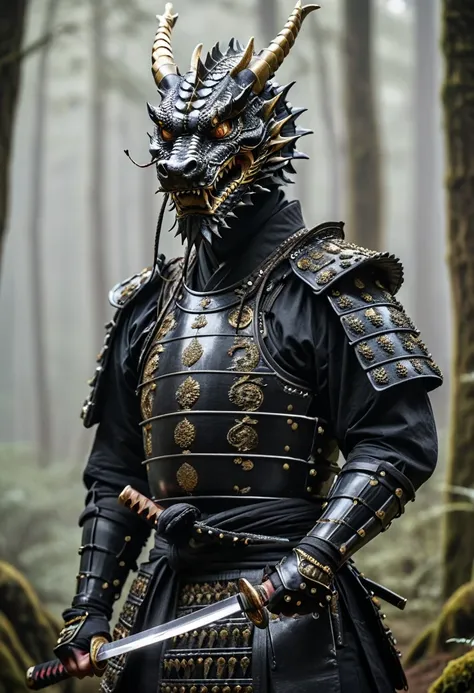 Une photo daction, une photo numérique réaliste, Un dragon samouraï personnifié en colère sort un katana magique brillant dune épée, noir avec une armure en bois noir, perles de samouraï, masque de samouraï démon en or, se tenant dans un ancien village jap...