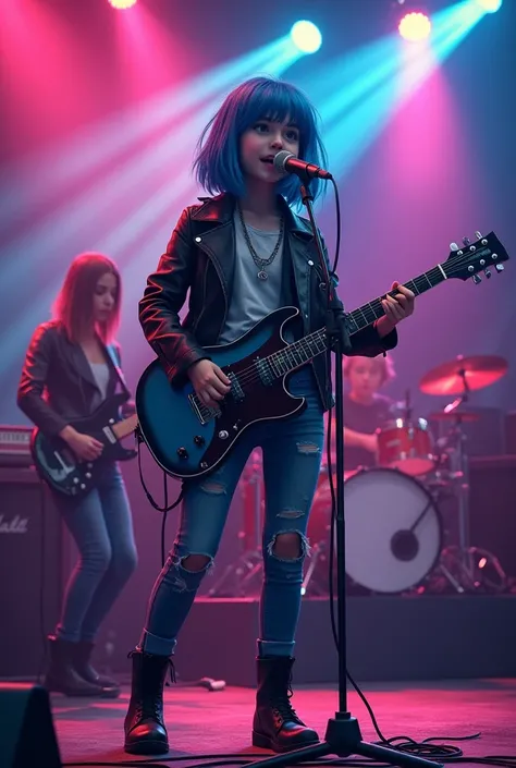 A 16-year-old girl with blue, medium-length hair who likes rock music., was singing in a rock band