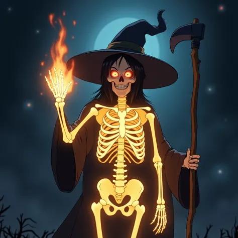 Anime artwork, A glowing skeleton is in front of the picture, a witch holding a magic sickle stands behind the skeleton, the witch raises her glowing left hand and casts a spell to drive the skeleton