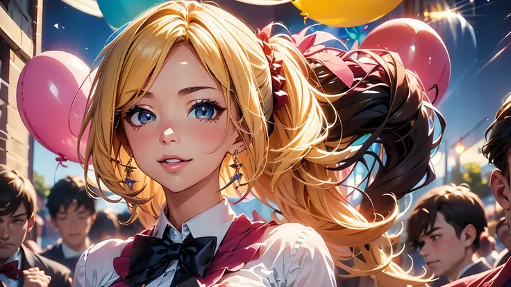 Create an anime-style image featuring a joyful girl celebrating a special occasion. The focus should be on her large, detailed eyes that sparkle with happiness and excitement. Her expression is lively and contagious, capturing the essence of celebration. H...