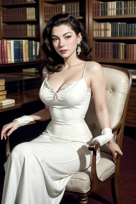 Ava Gardner wearing a long white 1950s dress sitting in a classic style library chair