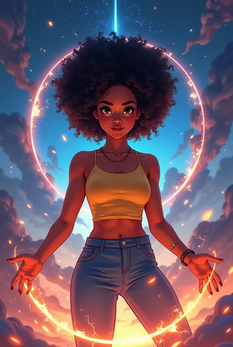 21-year-old Afro-Latina female capable of creating portals. 
Generate the image in 2D animation similar to What If or Invincible.