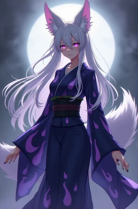 Height 182 cm, Her hair is silvery white, its ears are large and similar to those of a fox, she is a fox yokai. With fox-like violet pupils that darken with strong emotion. She has a white tail, dressed with considerable elegance in a dramatic flame-patter...