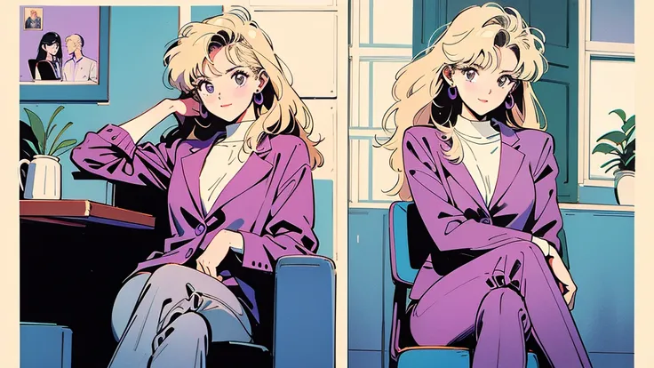 (Highest quality:0.8)、(Highest quality:0.8)、Very detailed、Analog illustration、)、masterpiece、Highest quality、Woman portrait、1990、Comic Strip、Art Illustration、blonde、Purple Suit、Diamond Earrings、Sit cross-legged on a chair