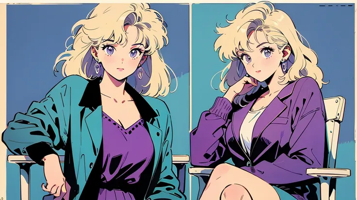 (Highest quality:0.8)、(Highest quality:0.8)、Very detailed、Analog illustration、)、masterpiece、Highest quality、Woman portrait、1990、Comic Strip、Art Illustration、blonde、Purple Suit、Diamond Earrings、Sit cross-legged on a chair