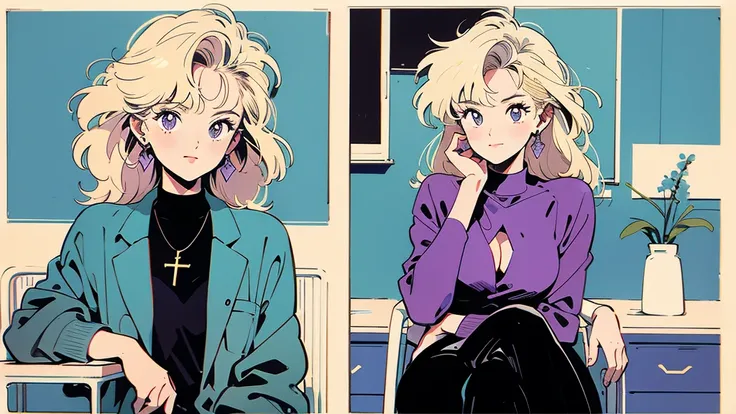 (Highest quality:0.8)、(Highest quality:0.8)、Very detailed、Analog illustration、)、masterpiece、Highest quality、Woman portrait、1990、Comic Strip、Art Illustration、blonde、Purple Suit、Diamond Earrings、Sit cross-legged on a chair