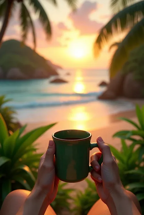 Hold  green coffee mug  beach sunset plants view