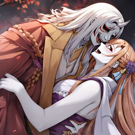 ((Highest quality)), ((masterpiece)), (detailed), （Perfect Face）、The woman in the Hannya costume is Yuuki Asuna, with light brown, semi-long hair and a Hannya mask covering her entire face, and her whole body is pure white skin.、The woman is in the state o...