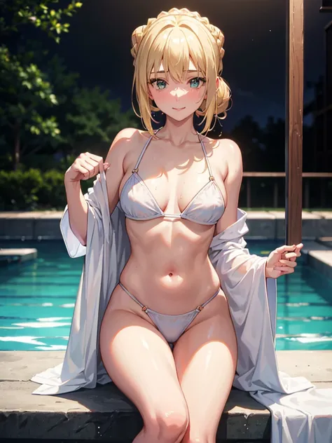 masterpiece, absurdres, (high quality), (detailed lighting), beautiful face, ultra detail, 8k wallpaper, young girl, saber_fatestaynightufotable,blonde hair, short hair, sidelocks, bangs, ahoge, single hair bun, french braid, lips, blush,ass visible throug...