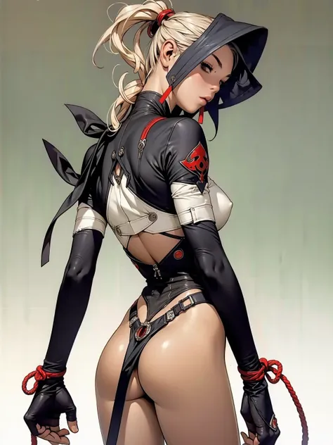 (((back view))), (((perfect ass))), (best qualityer))), (((manga strokes))), woman knight with a black armor, (((girl with red helmet))), metal panties, medieval albino girl, Barbed wire garter belt, breasts covered with a wave-shaped metal breast protecto...